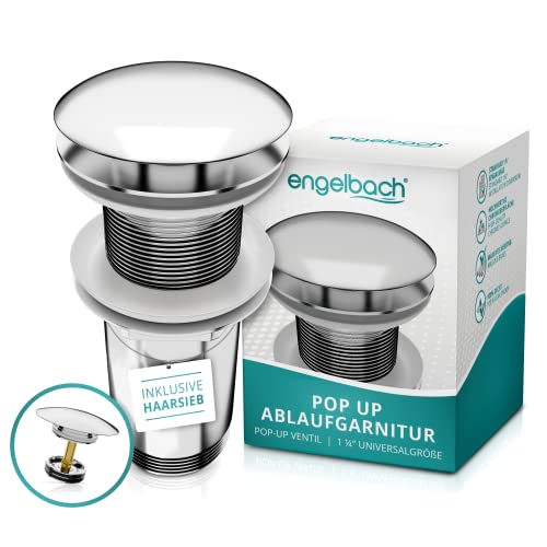 Engelbach® Universal Waschbecken Ablaufgarnitur - Pop up Ablaufventil mit und ohne Überlauf (Auch für Waschtische) Herausziehbarer Stöpsel mit Haarsieb - inklusive Einbauanleitung